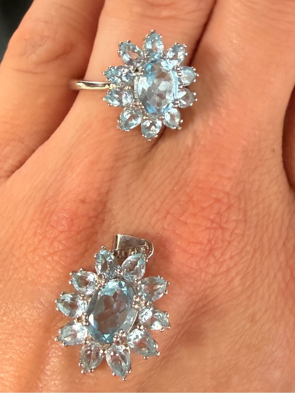 Matching Natural Blue Topaz Flower Pendant and Ring 
Set Sz7